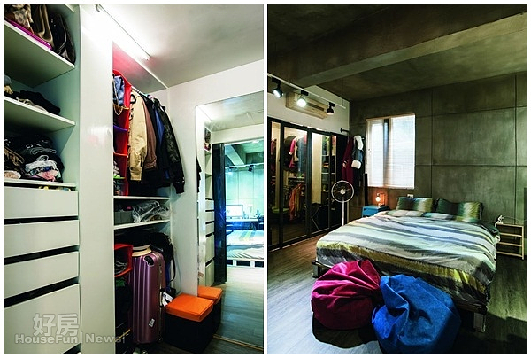 4. 更衣室擔負著大部分收納的重責大任。
5. 臥房利用床頭壁面的仿清水模設計