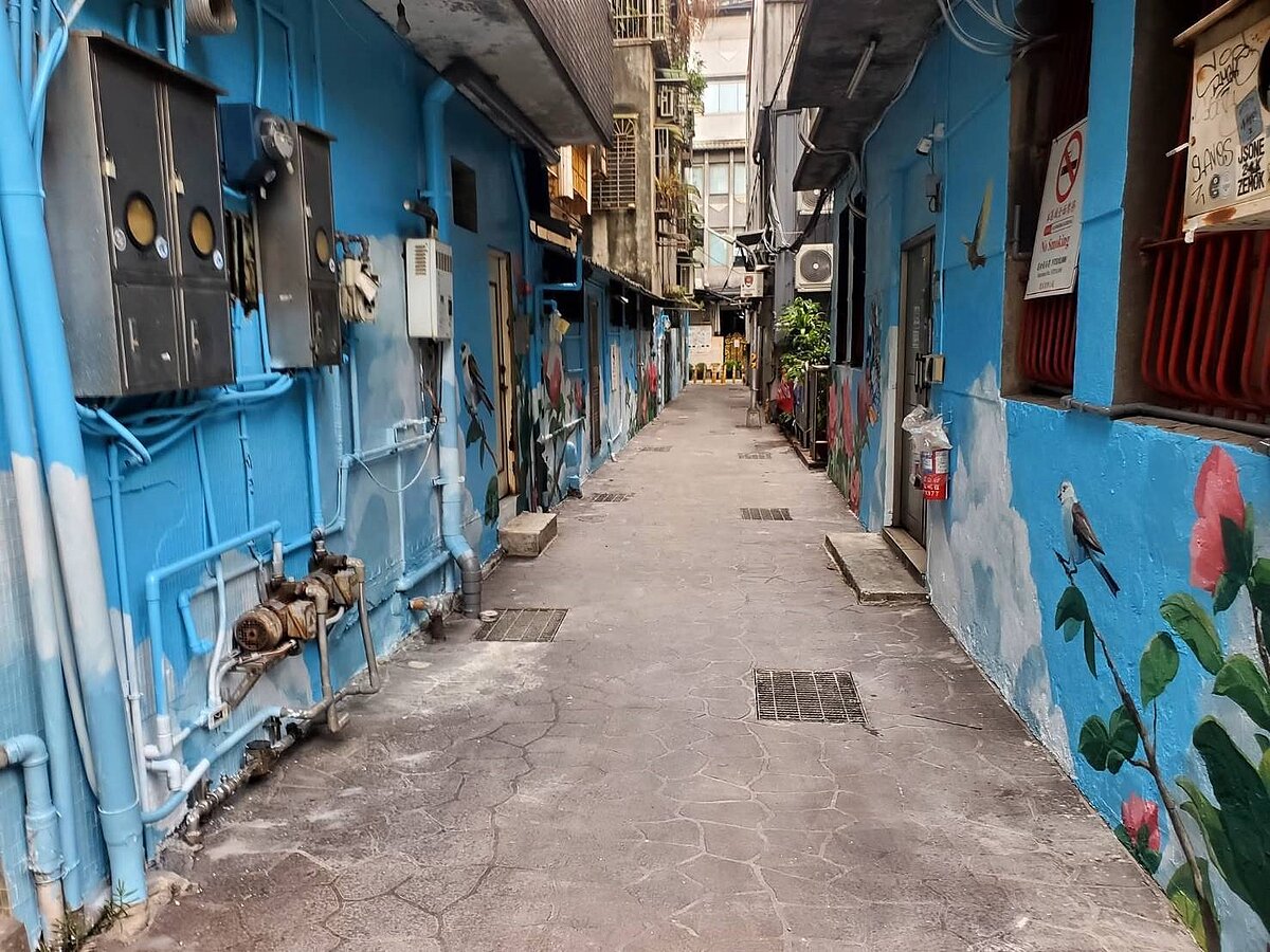里長發起北市南京西路64巷14弄後巷美化,原本冷冰冰的後巷牆面,經彩繪後,成為里民新拍照打卡點,許多居民相當驚豔。圖/大同區建泰里長陳鵬程提供