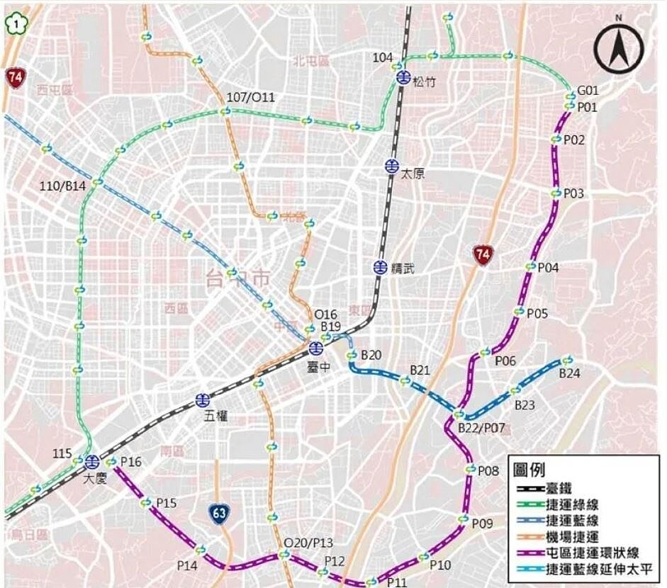 台中捷運屯區環線（紫線），台中市府7月4日將可行性研究再送交通部審查。圖／台中市政府提供
