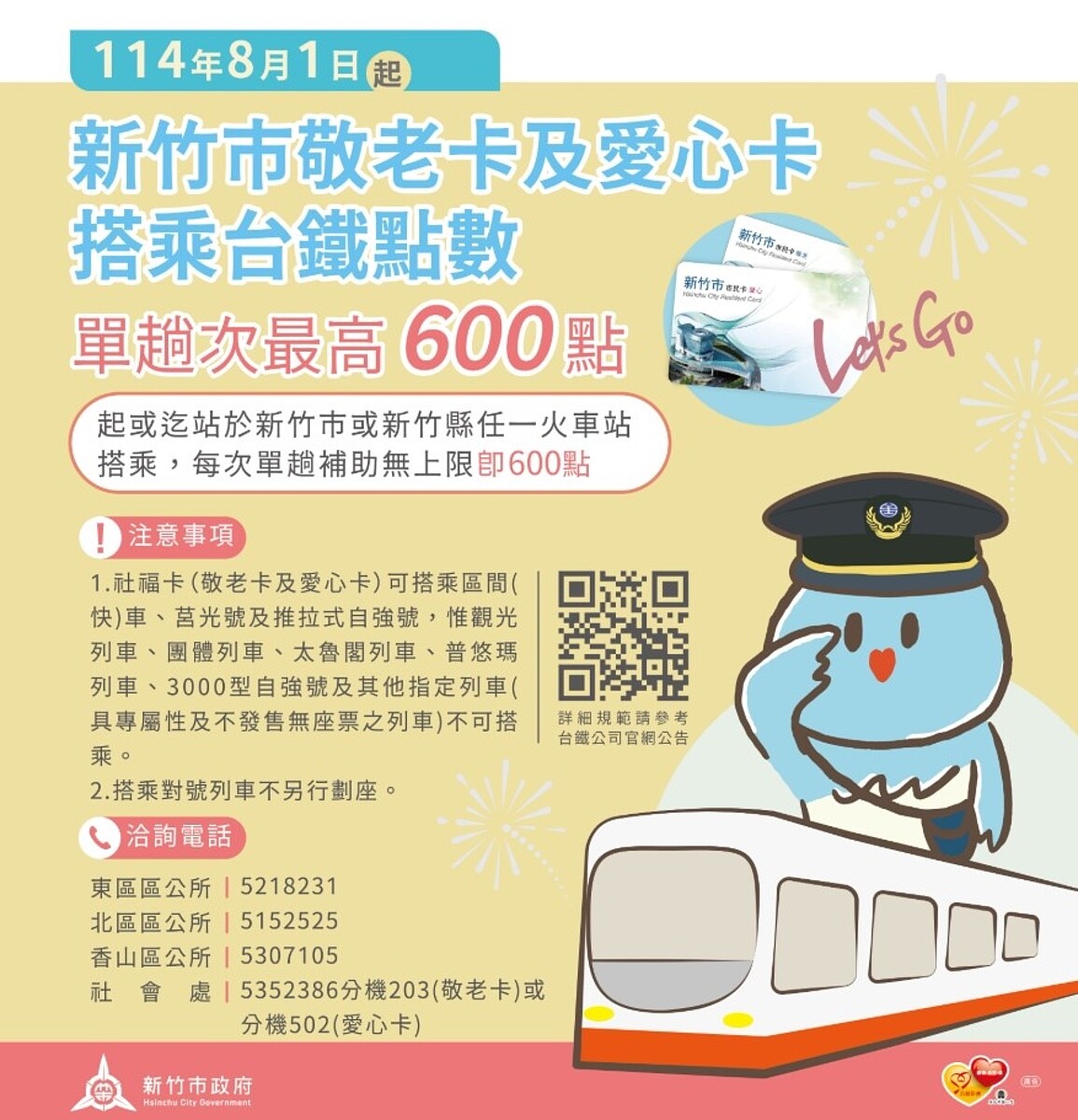 竹市敬老卡及愛心卡自8／1起搭乘台鐵點數不受限。圖／新竹市政府提供