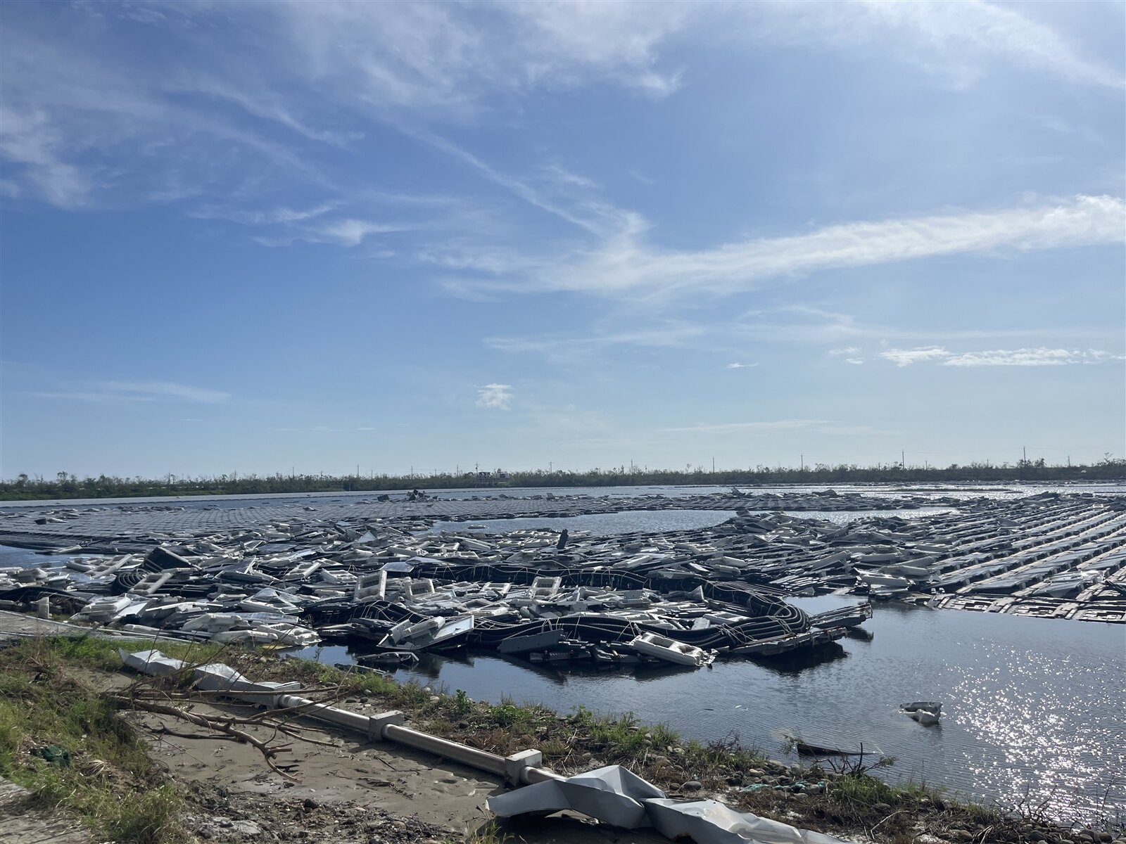 嘉義縣布袋鎮新塭滯洪池超過5萬片光電板擠壓堆積,風災至今第10天清運速度緩慢,災況幾乎仍維持不變。記者黃于凡/攝影