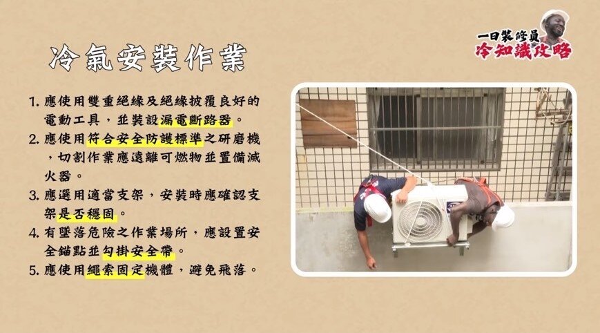 冷氣安裝作業應注意相關規定，以避免發生職業災害。圖：勞檢處提供