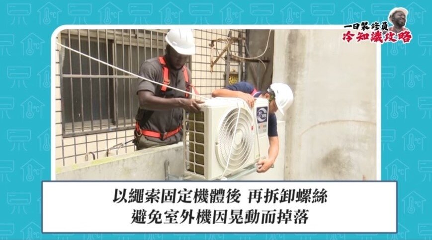 雇主使勞工從事冷氣拆裝作業時，應確實依職業安全衛生法令規定辦理安全防護設施、措施。圖：勞檢處提供