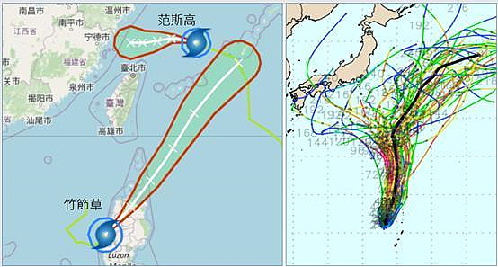 氣象署路徑潛勢預測圖（左圖）顯示。圖／取自「洩天機教室」專欄