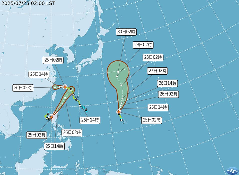 目前太平洋地區有3個颱風,分別為輕度颱風范斯高、輕颱竹節草、輕颱柯羅莎。圖/取自中央氣象署網站