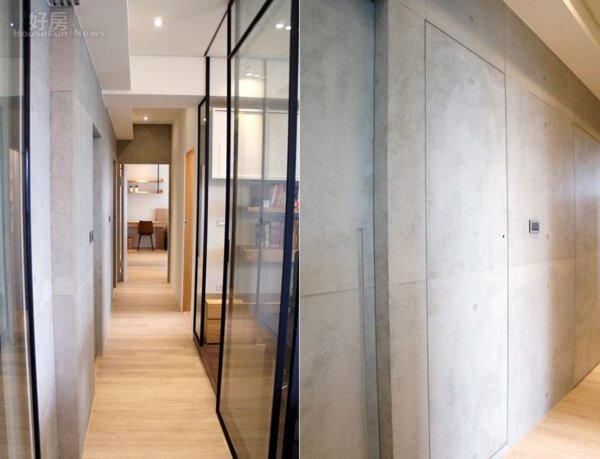 5.廊道左側的清水模牆採單面處理，搭配大量原木元素，呈現十分細緻的視覺感。
