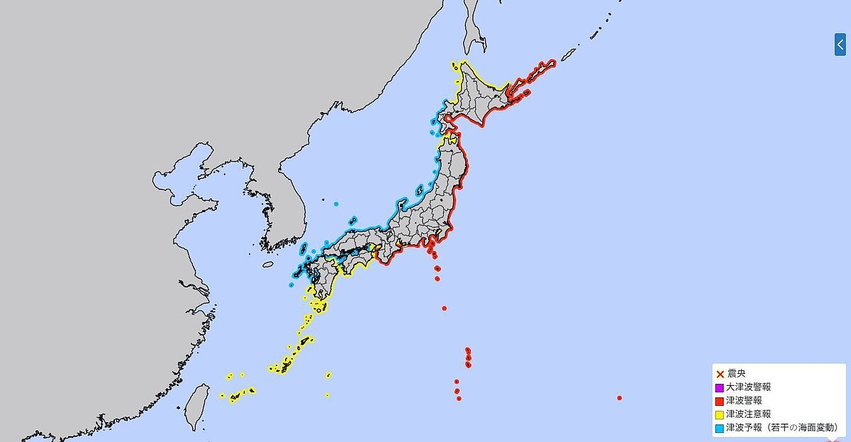 日本太平洋沿岸預估可能出現3公尺左右的海嘯(紅色區域)。黃色範圍約1公尺、藍色20公分以下。圖/取自「台灣颱風論壇|天氣特急」臉書粉專