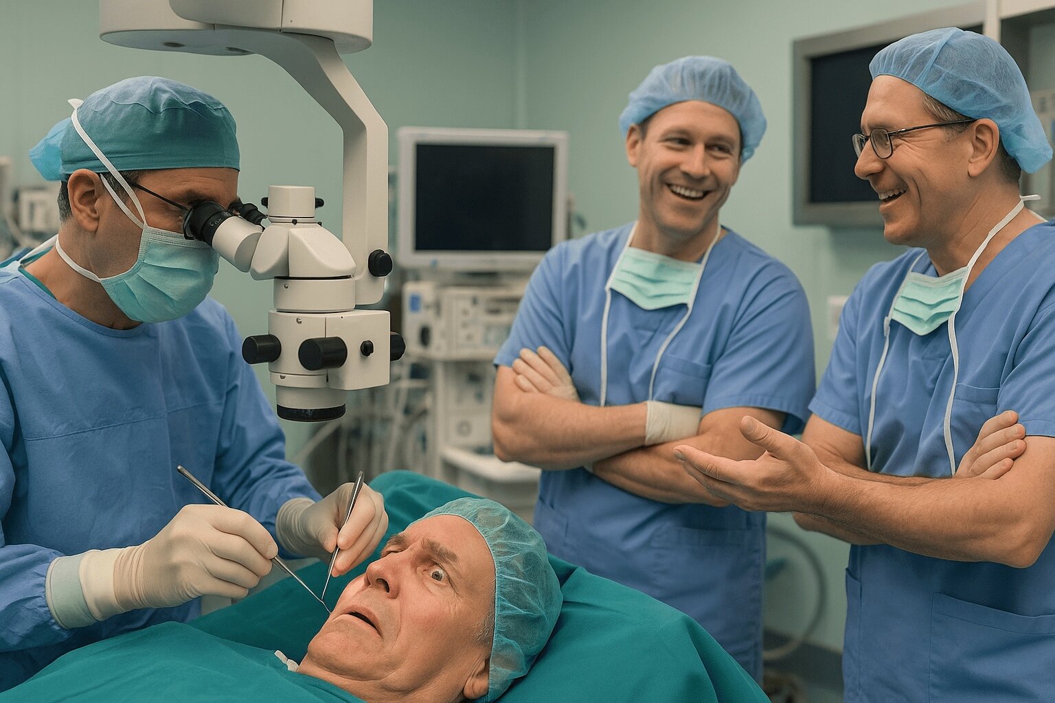 主治醫師一邊在他眼睛上動刀,一邊與同事閒聊。示意圖:AI生成