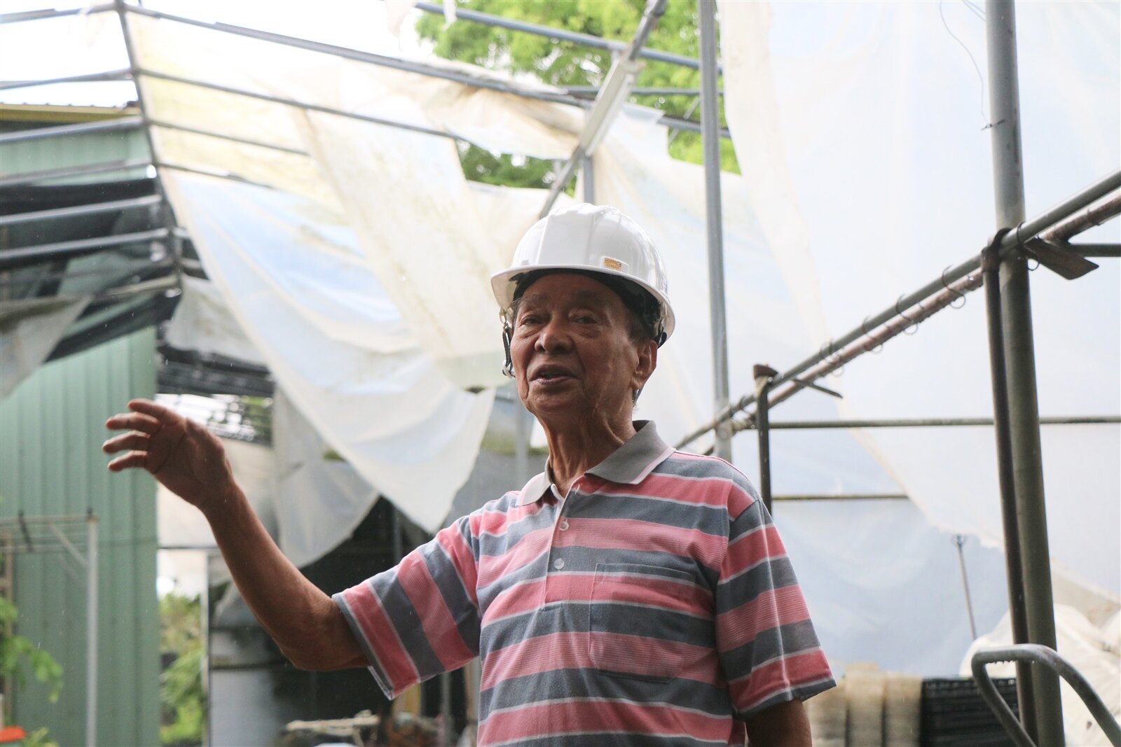 黃姓受災戶回憶起颱風丹娜絲來襲時說,當下看見屋內淹成一片「真的是欲哭無淚!」,住家不僅前方屋頂受損,後面原種植植物的網室也都被吹壞,損失真的很嚴重。記者萬于甄/攝影