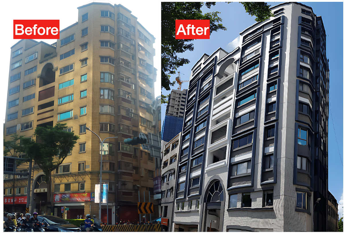 板橋文化路一段1棟屋齡約37年的9層樓華廈，獲得市府補助940萬元。組合圖／新北市都更處提供、後製