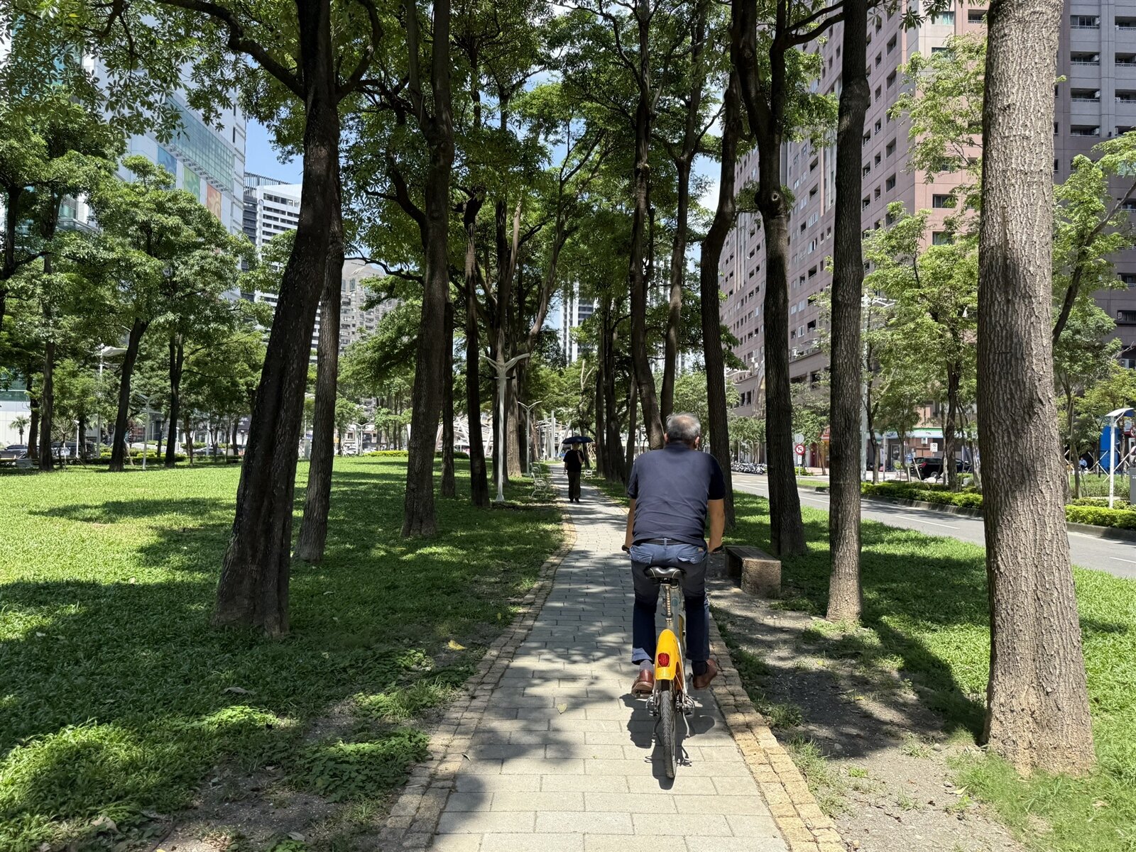 高雄市亞灣區星光園道是當地少數長型綠意廊道，但原先戲水設備已損毀無用多年，步道也有破損、草皮裸落，地方希望該區改制為公園，爭取整建經費。記者宋原彰／攝影 