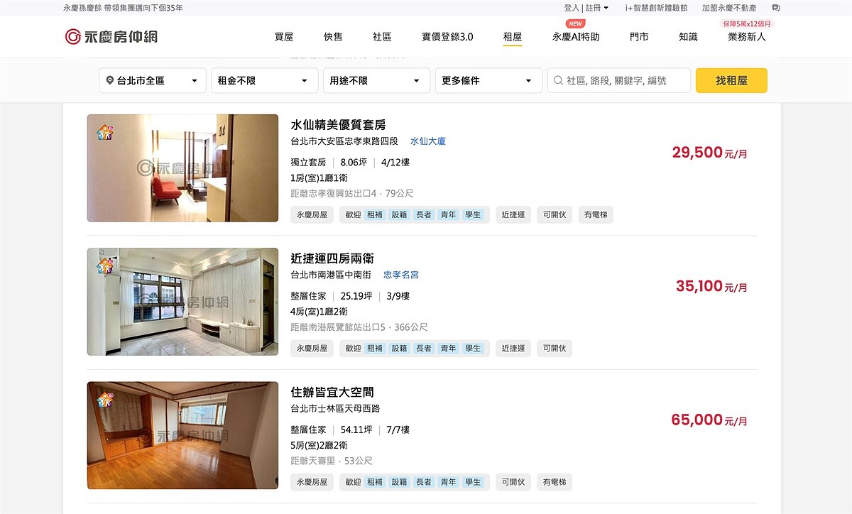 租客福音!永慶房屋響應北市「友善屋源專案」 租屋廣告加「愛心屋源標籤」找房更容易 〈永慶房仲網〉上,針對「歡迎租補、設籍、長者、學生或青年」租件皆放置明顯「愛心屋源標籤」。圖/永慶房屋提供