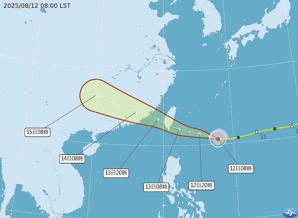 中度颱風楊柳路徑潛勢預報。圖/取自中央氣象署網站
