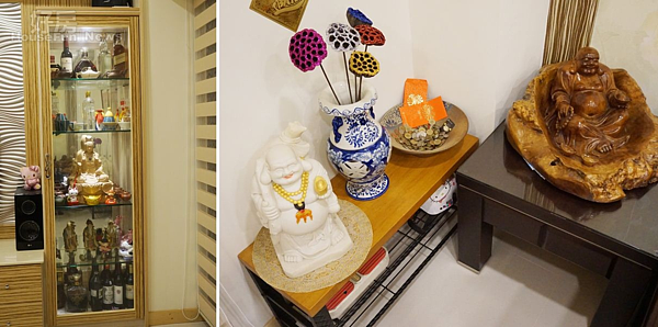 4.靠近陽台的展示櫃與小木桌分別擺著木雕、洋酒、神像公仔…等強哥個人收藏品。