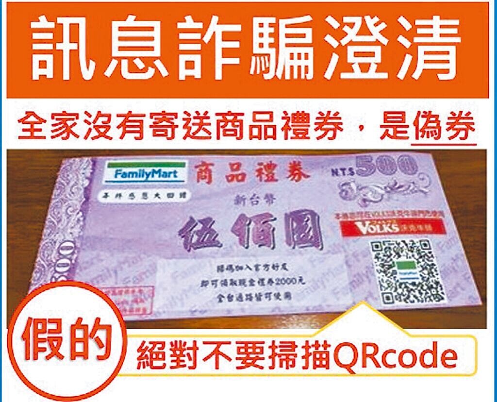 金門地區網路社群與部分住家信箱中出現號稱「超商500元禮券」的詐騙陷阱,掃描QR Code,個資恐全被盜光。圖/金門縣警察局提供