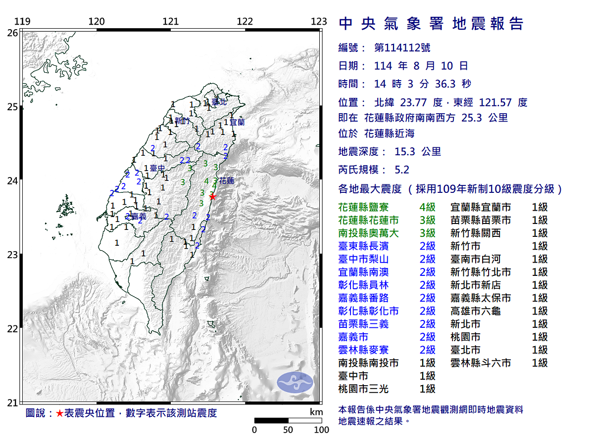 台灣時間10日下午2時3分發生規模5.2地震。圖/氣象署