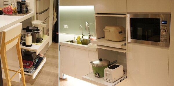
7.廚房包括電鍋、烤麵包機、熱水瓶…等幾乎全採隱藏設計，不使用時就不會在視線範圍中，如此也較能保持空間簡約感。