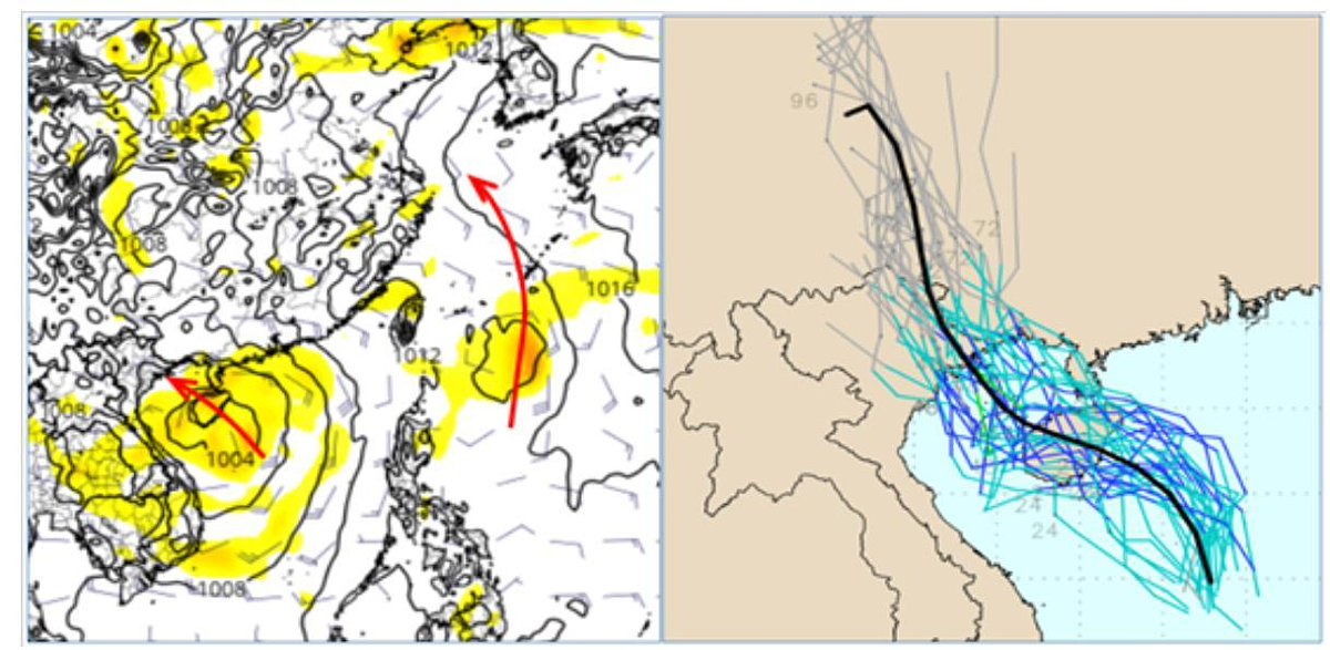 最新歐洲模式(ECMWF) 17日20時模擬圖(左)及最新美國模式(GEFS)系集模擬圖(右)顯示,南海的「熱帶擾動」,皆往西北通過海南島。此外,台灣東南方有另一「熱帶擾動」亦發展緩慢,偏北遠離(左)。圖/擷自tropial tidbits,右圖擷自weathernerds)擷取自「洩天機教室」專欄