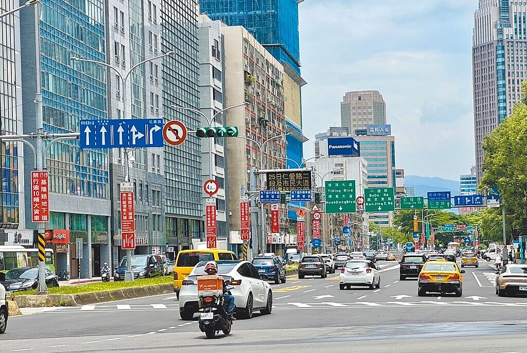 台北市信義路往基隆路北向路段,短短200公尺就有高達27面交通路牌,市議員陳宥丞痛批,路牌資訊過多讓用路人難以在短時間消化,反倒增加交通風險。圖/台北市議員陳宥丞研究室提供