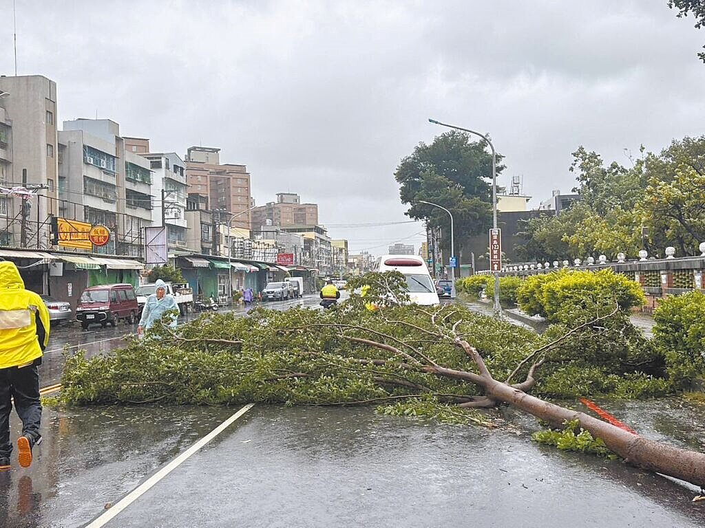 楊柳颱風13日襲台，高雄市鳳山區行駛中的機車遭倒塌路樹砸中，35歲潘母緊抱著9歲女兒驚險脫困，幸僅輕傷無大礙。圖／警方提供
