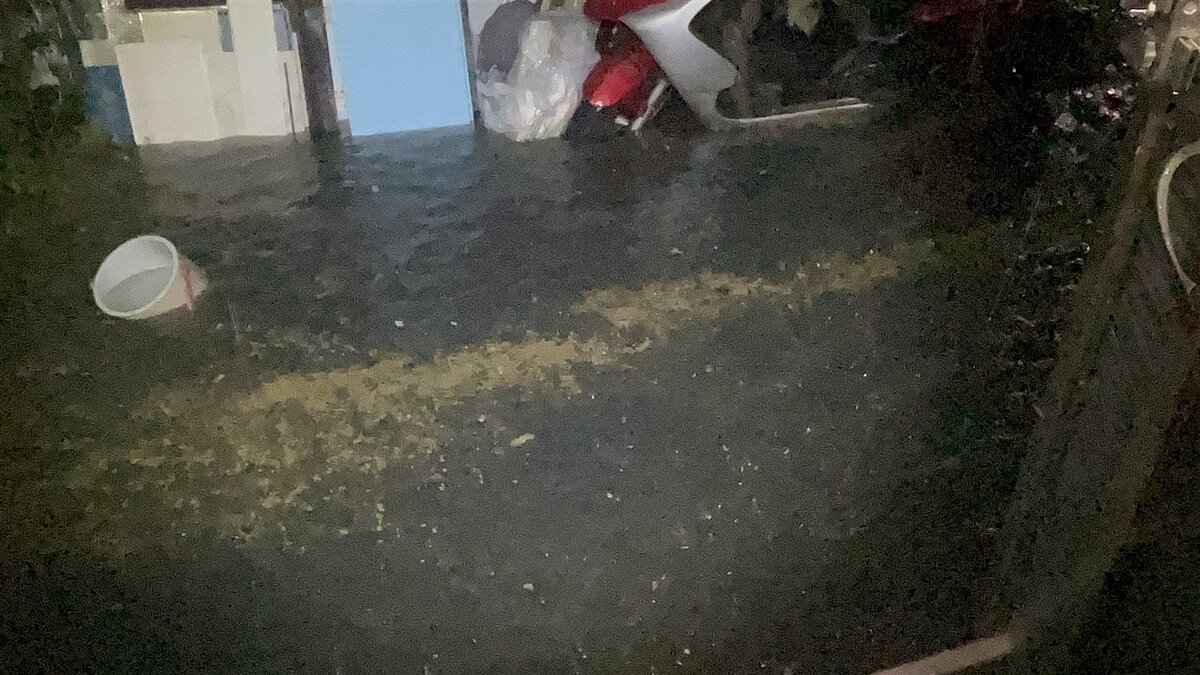 高雄市三民區建工路巷弄淹水,夾雜油汙,居民苦不堪言。圖/民眾提供