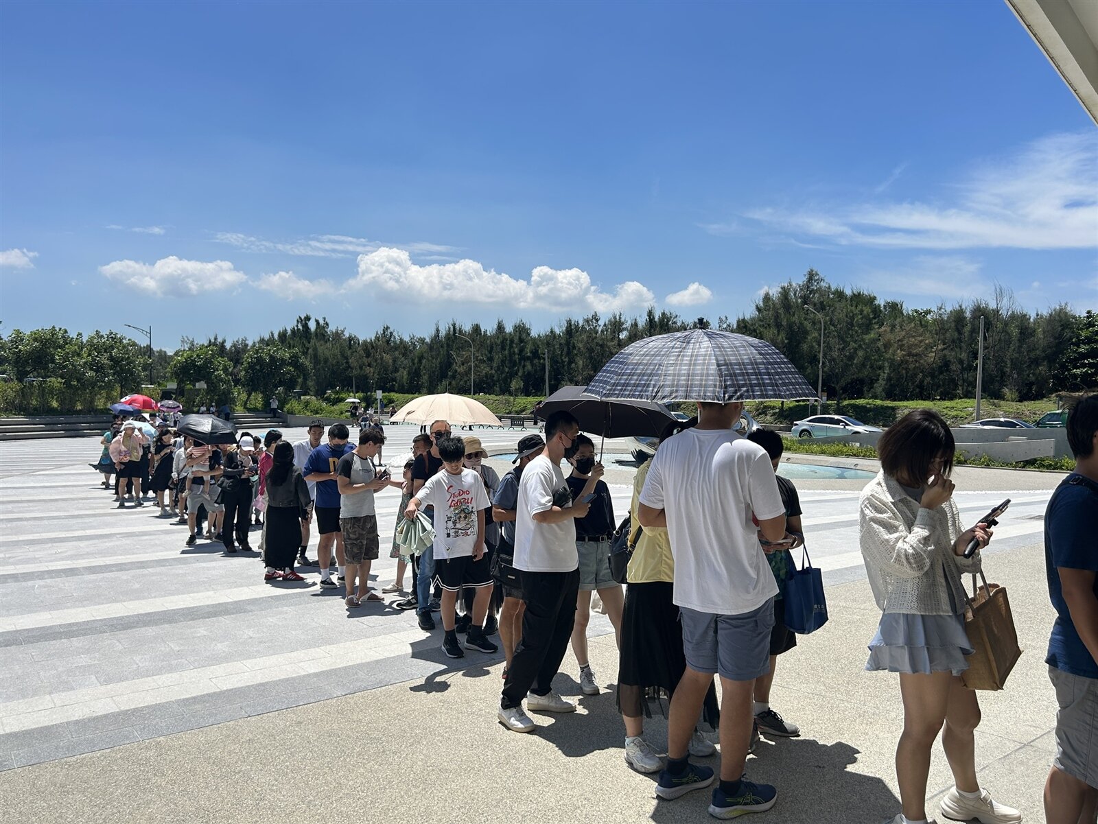 台中海洋館昨試營運首日,大批遊客頂著豔陽,大排長龍等待入場。記者黑中亮/攝影