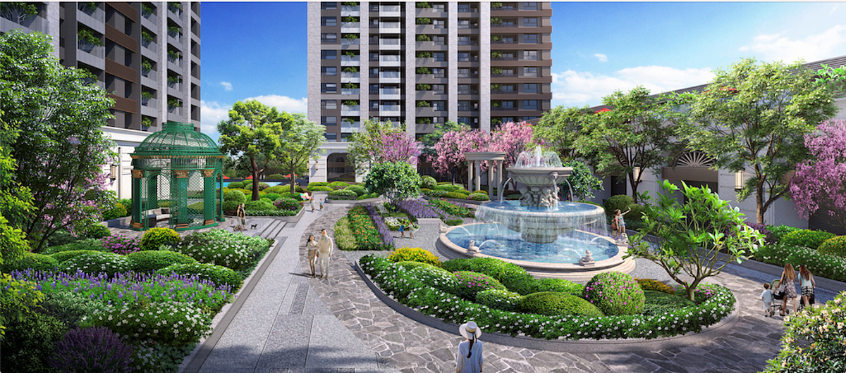 「市政帝寶」為住⼾打造千坪歐式宮廷花園。圖／3D透視⽰意圖