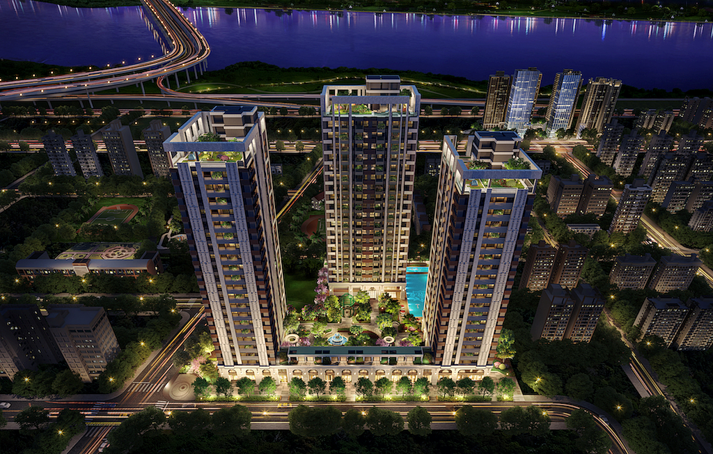 基地⾯積達2247坪，具備壯闊基地優勢，散步可達捷運先嗇宮站、三重站。圖／3D透視⽰意圖