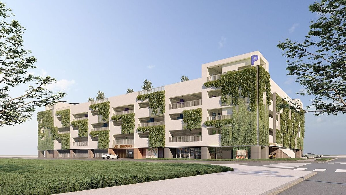 台中市政府與財團法人中國醫藥大學簽訂「中賓立體停車場BOT案」,圖為中賓立體停車場設計示意圖。圖/台中市政府提供