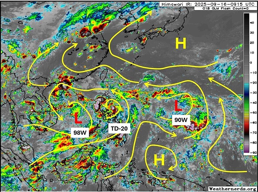 熱帶性低氣壓TD-20有機會成為今年第17號颱風米塔,18日至周五經過巴士海峽、台灣西南方海面後,繼續往大陸廣東海面前進。在關島北方海面的熱帶擾動90W,預估可能晚一步成為今年第18號颱風樺加沙。圖/取自「天氣職人-吳聖宇」臉書粉專