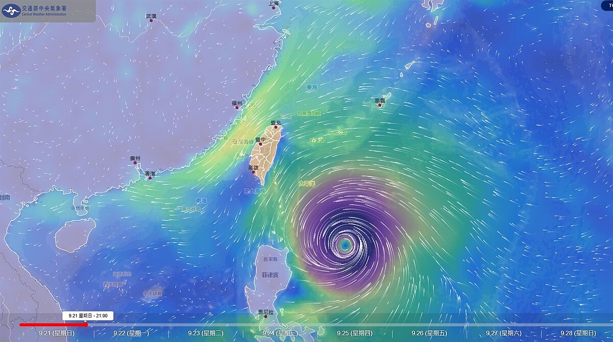 強颱樺加沙來了! 22日各縣市颱風假資訊一次看 強颱樺加沙風場預報動態。圖/截自氣象署