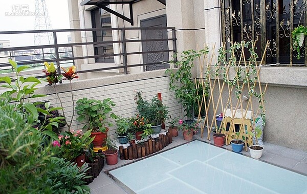 6.陽台空間同樣寬敞,若擺上幾個植物盆栽、造型竹籬笆…等,就能輕鬆佈置出充滿空中花園的氛圍。