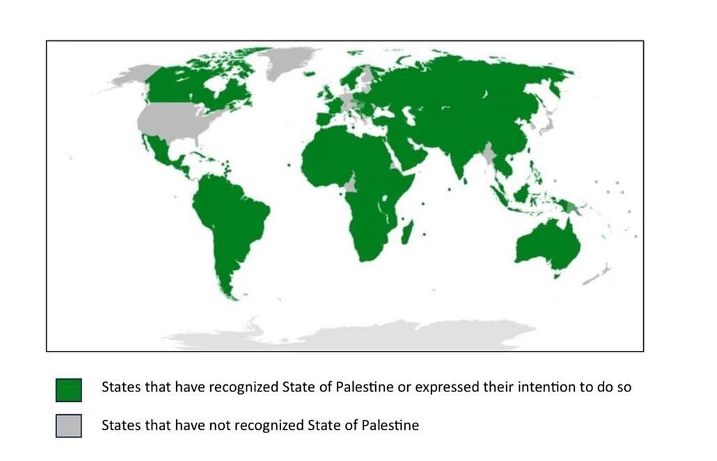 巴勒斯坦自治政府22日分享的社群照片,台灣也被列為「承認或有意承認巴勒斯坦國的國家」。圖/取自@Palestine_UN在X的照片