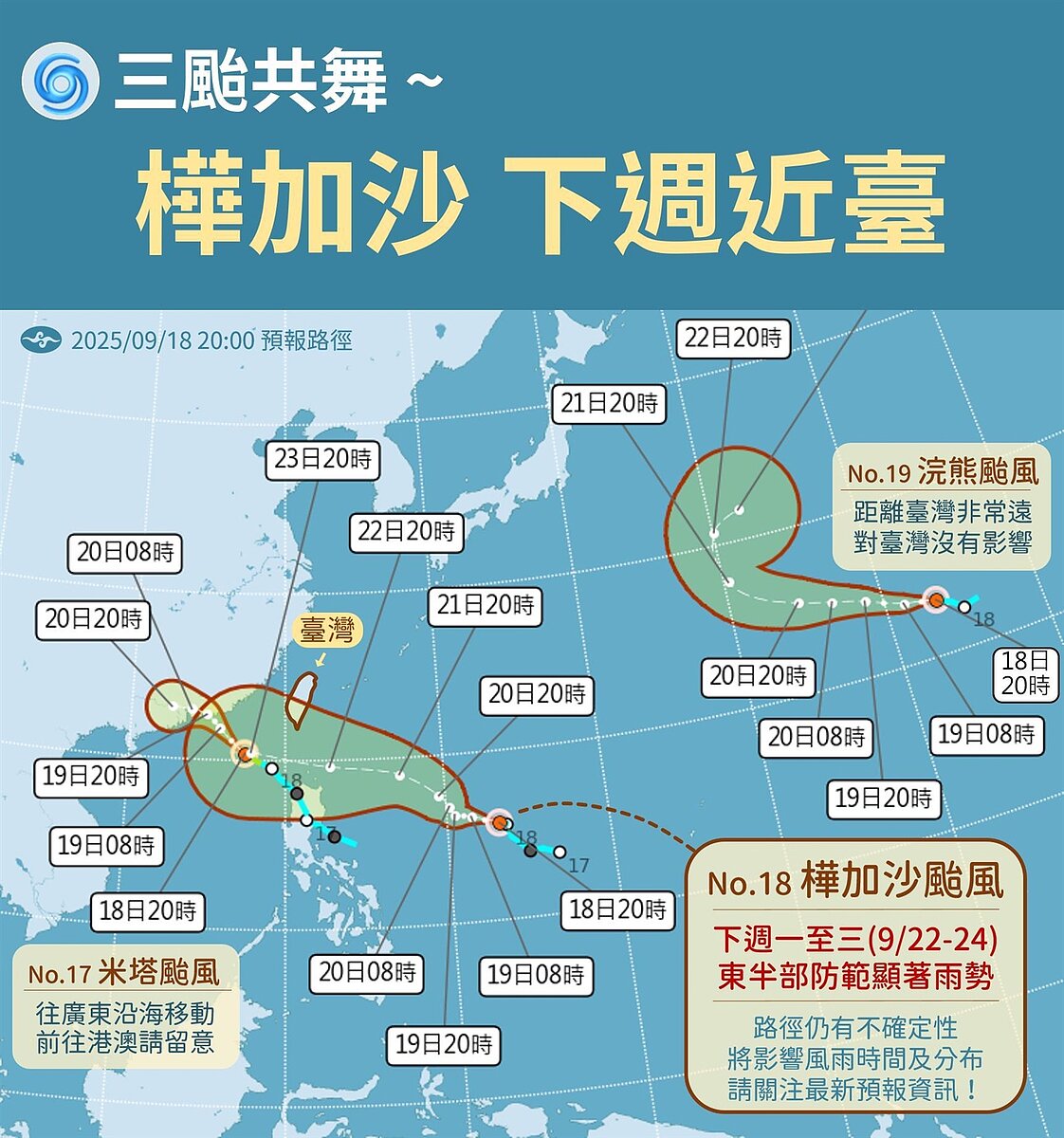 3颱共舞,樺加沙颱風下周接近台灣。圖/中央氣象署提供