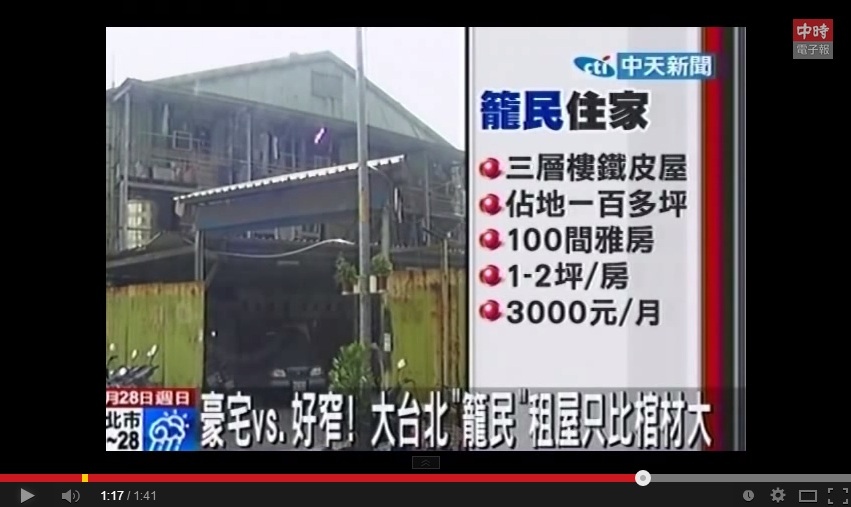 台北也出現「籠民」，平均1間雅房面積不到2坪（翻攝自中時影音Youtube）