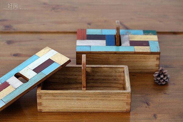 5.撞色拼貼的收納木盒是台灣設計師的作品。