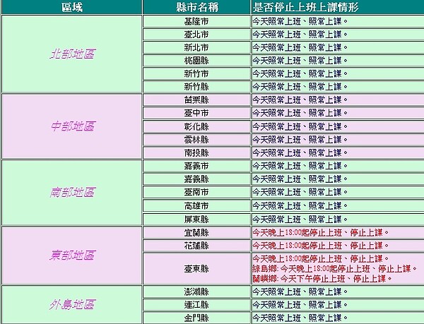 22日全台停班停課情形（翻攝自行政院人事行政總處）