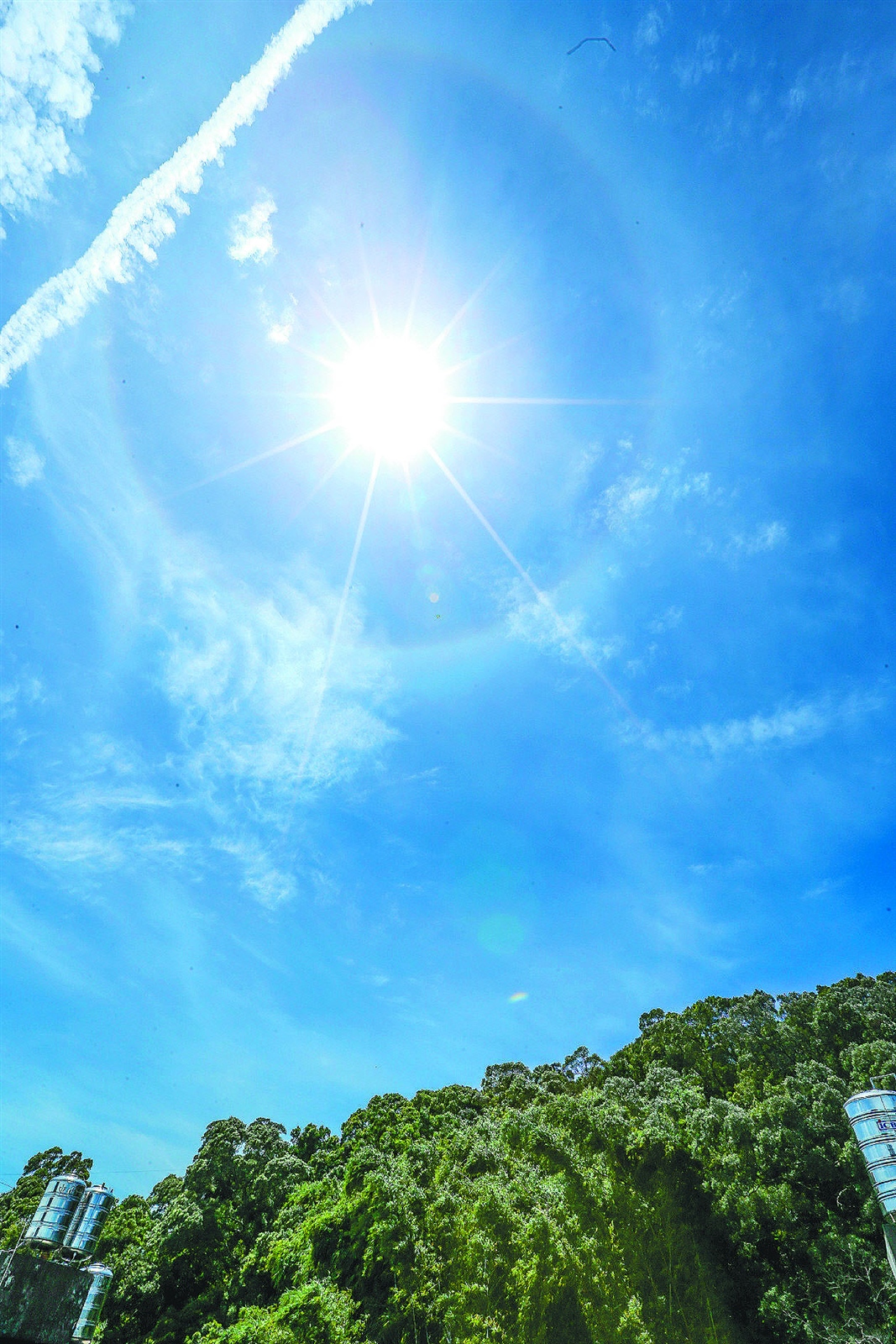 颱風侵台前夕，昨天各地依舊是高溫好天氣，中午還出現「日暈」，是懸浮在大氣中的冰晶折射或反射太陽光而形成的光學現象，白色光環環繞太陽，形成壯觀景象。 記者林伯東／攝影