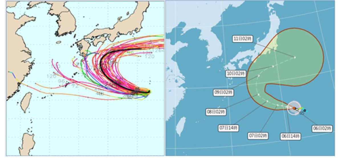 吳德榮說,(5日20時)歐洲系集模式(ECMWF)模擬(左)與最新(6日2時)氣象署路徑潛勢預測(右)皆顯示,哈隆颱風已調整在日本南方海面向東北東大迴轉。圖/擷自weathernerds、「洩天機教室」專欄