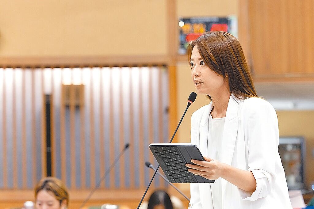 國民黨新北市議員江怡臻13日在議會質詢「高齡友善換居」政策。(江怡臻提供/張鎧乙新北傳真)