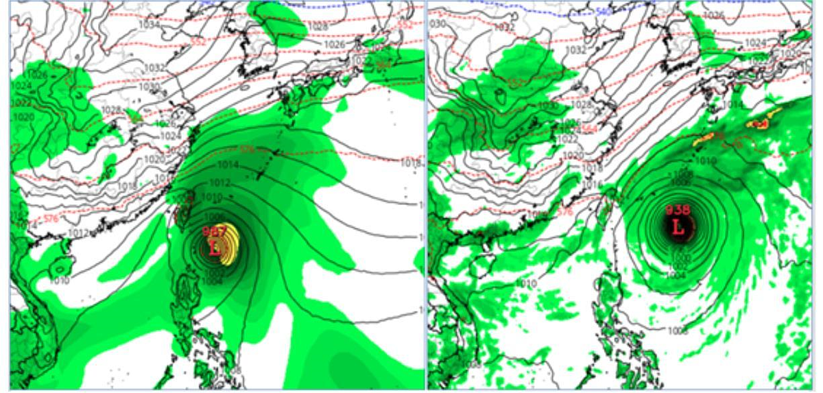 吳德榮說,最新(11日20時)歐洲模式(AIFS左)及美國模式(GFS右)19日20時模擬圖顯示,第1波帶有明顯冷空氣的「東北季風」前緣已抵達,台灣東側則另有熱帶系統存在,位置有明顯差異。圖/擷取自「洩天機教室」專欄