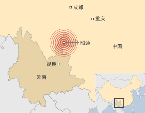 雲南地震震央(截取自自BBC)