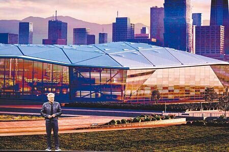 
輝達執行長黃仁勳5月於北流進行主題演講，並宣布台灣總部擬坐落於北士科，身後投影片即是總部設計圖。（本報資料照片）
