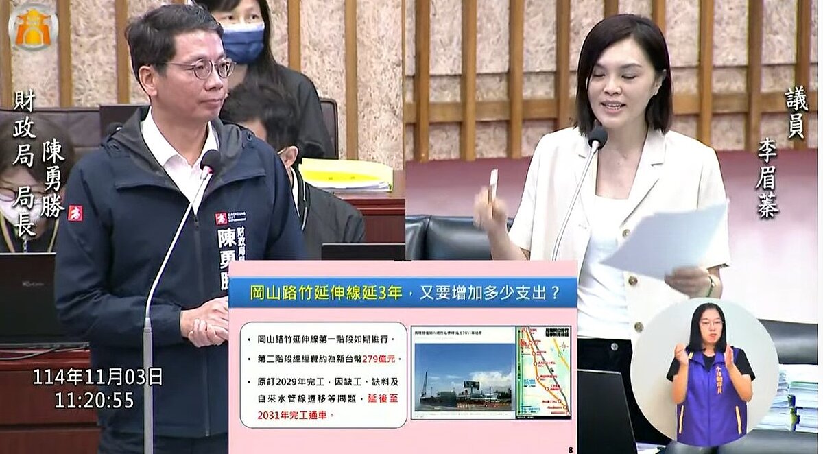 議員李眉蓁關心高雄多條捷運路線興建經費暴增問題，擔心未來市府財政無法負擔紫線動工。圖／取自高雄市議會