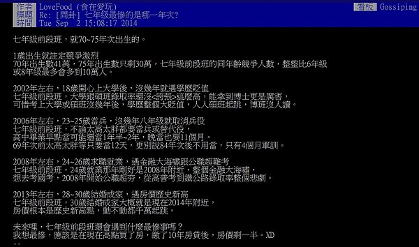 七年級生哪一年次最慘？（翻攝自批踢踢實業坊）