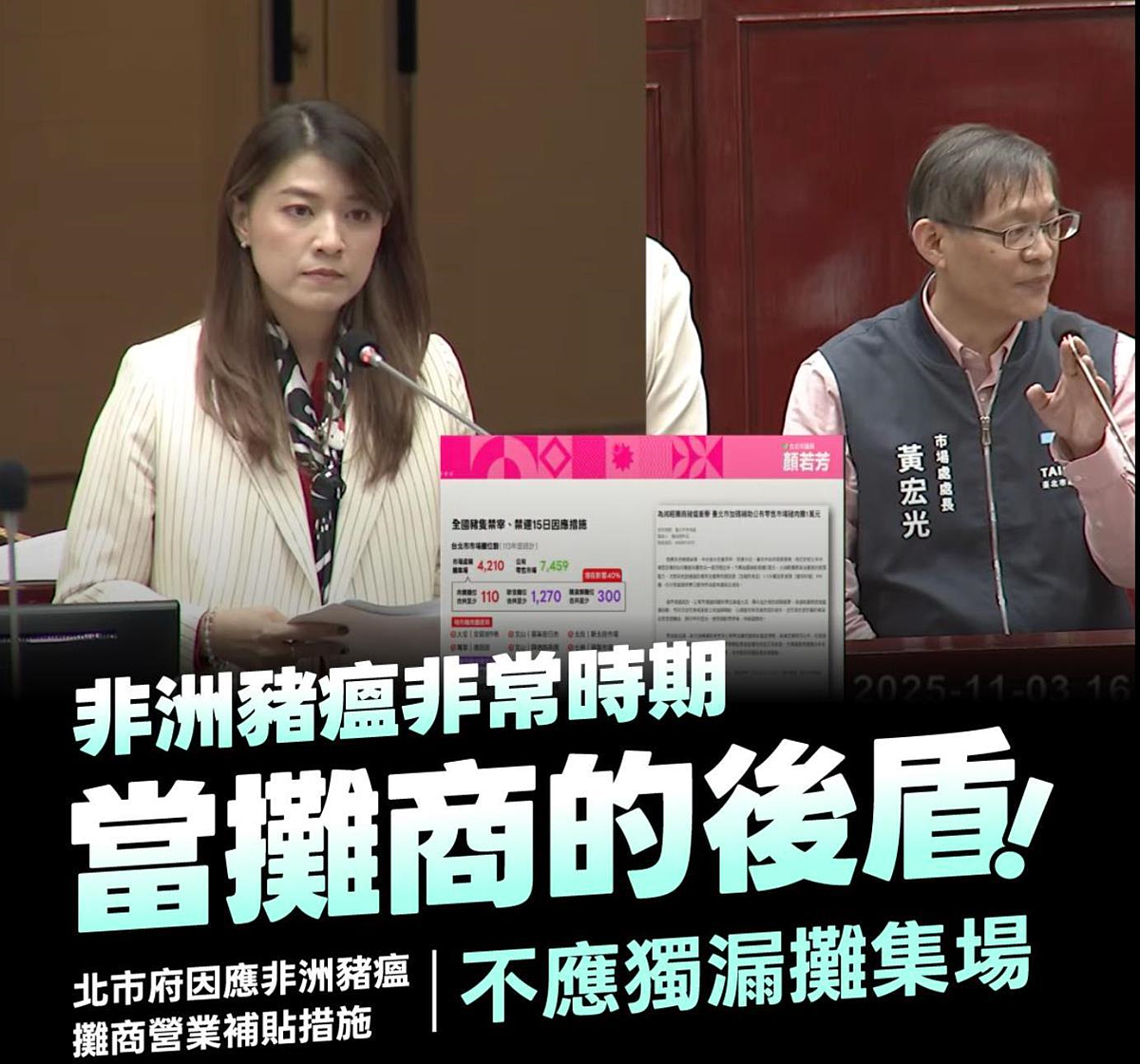 議員顏若芳表示，目前北市府補貼僅針對公有市場，卻忽略廣大的攤集場攤商，顯有不公，形同「一市兩制」。圖／引用自顏若芳臉書