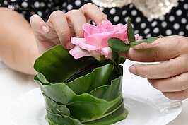 裝飾在玫瑰花旁。