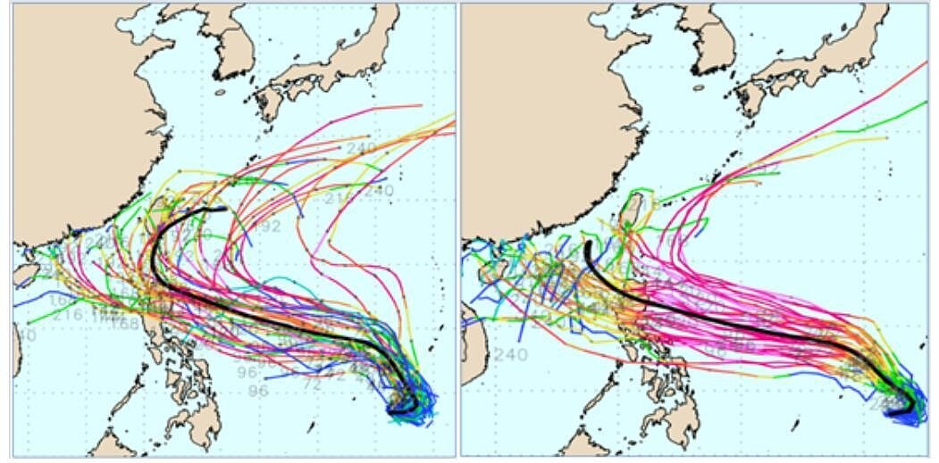 吳德榮說，最新（4日20時）歐洲（ECMWF左）及美國（GEFS右）系集模式模擬顯示，鳳凰的系集平均路徑（粗黑線）皆在台灣附近北轉，但各別模擬路徑（細線）分布在兩側，雖然調整得較為收歛，仍很分散。圖／擷自weathernerds擷取自「洩天機教室」專欄