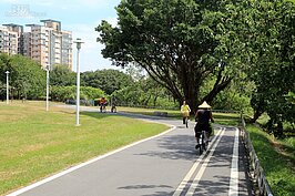 沿著自行車道慢慢散步，不時可看到自行車騎士追風而去。