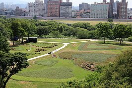 在跨堤平台上往下看就可看到由花卉排列出來的超大心型形狀。